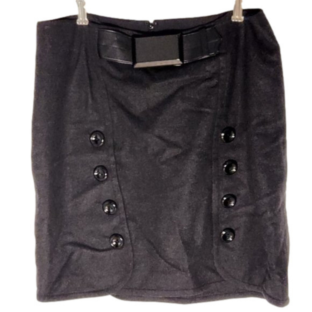 P022. Per Se Charcoal Grey Skirt with button details & self-belt |12